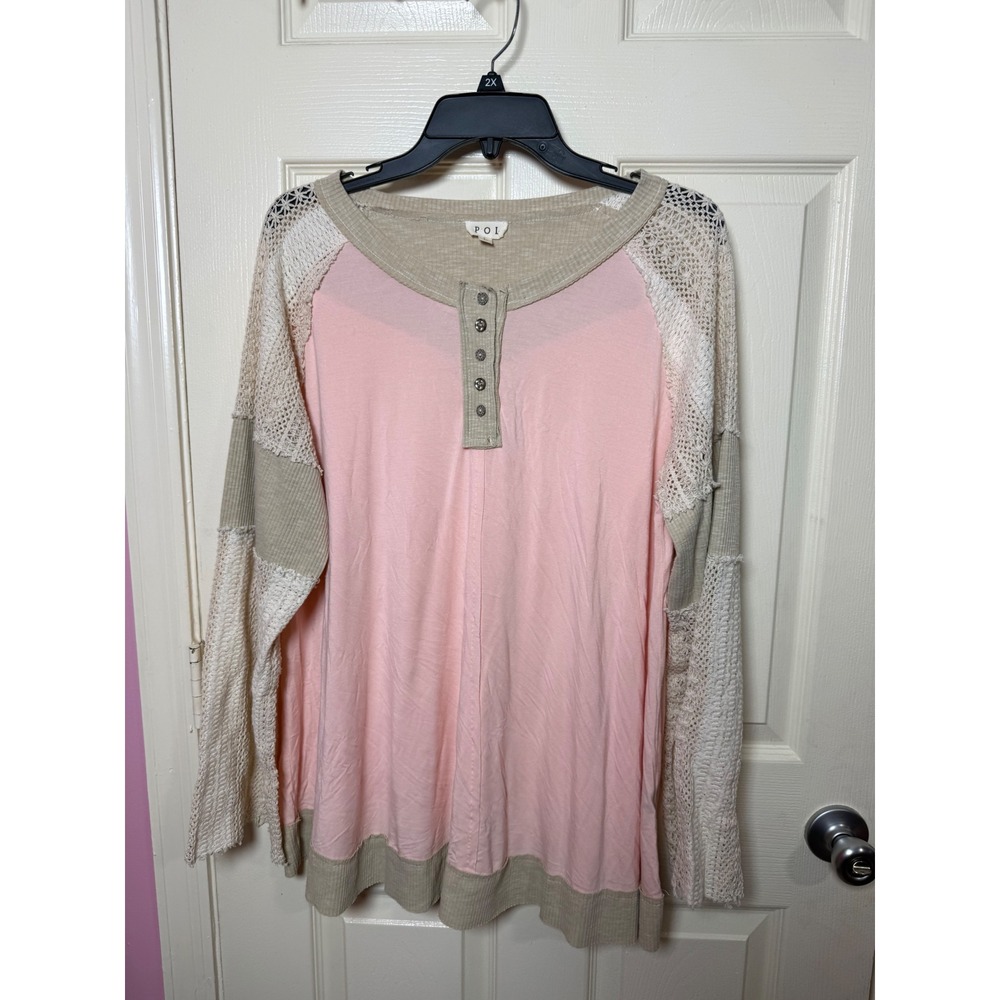 POL Women Pink Tan Crochet Lace Long Sleeve Henley Top Boho Mixed Media
